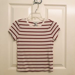 White and red/blue striped t-shirt